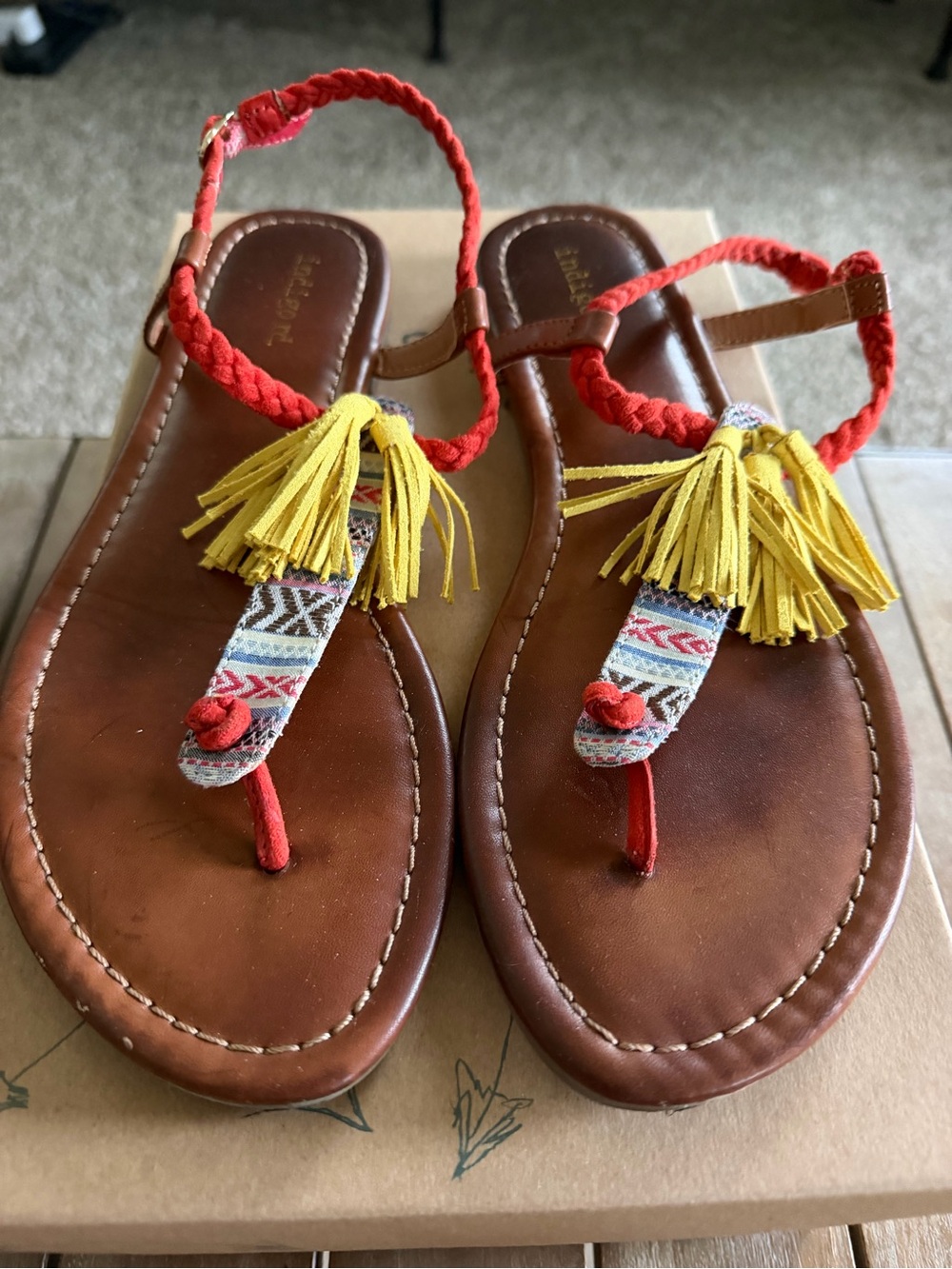 Indigo red Woven Tassel Brown Leather Sandals with Red and Yellow Accents